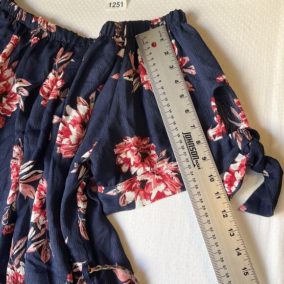 Paper Tee Women Dress 2X Navy Floral A-Line Belted Short Sleeve Off Shoulder - Picture 9 of 11